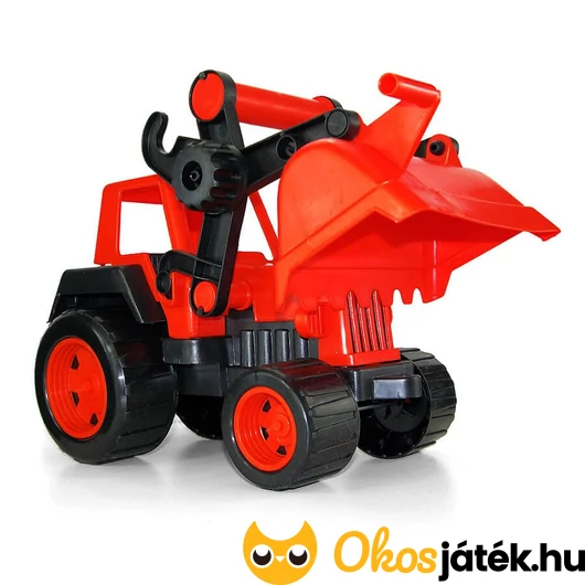 Piros traktor mozgatható rakodókanállal