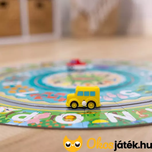 Melissa &amp; Doug kerek puzzle felhúzhatós sárga busszal