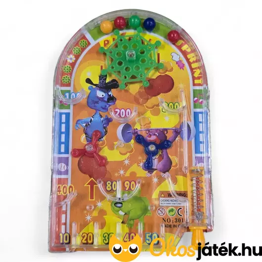 Színes mini pinball játék sárga háttérrel és állatos grafikával