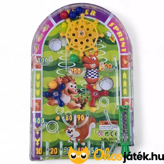 Színes mini pinball játék zöld háttérrel és állatos grafikával