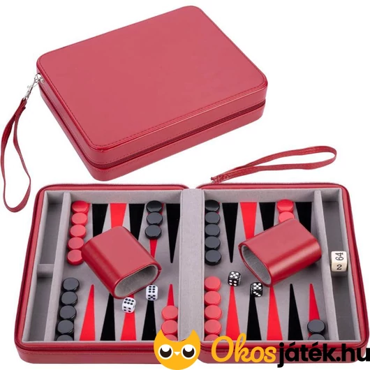 Backgammon játék piros műbőr tokban