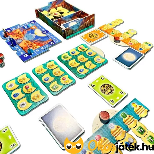 Holdfény bazár társasjáték tartozékai